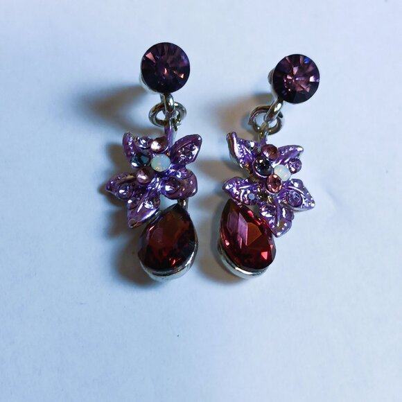 PURPLEs MAUVEs Statement Necklace & 2 Pairs of Earring Glass Worn Once - Picture 4 of 6